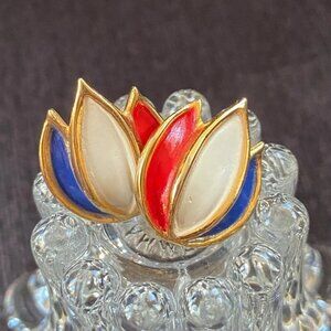 Vintage Tri-Color Red, White, Blue Lotus Flame Clip On Earrings